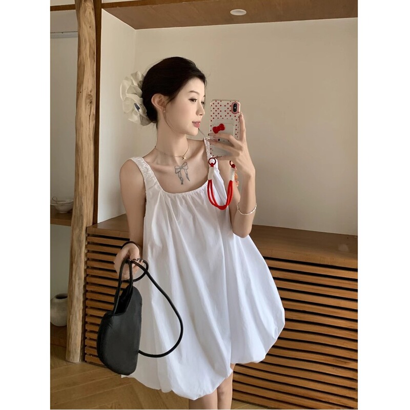 Resort Style U-Neck Solid Color Camisole Dress for Women, Summer Elegant Loose Casual Backless Floral Short Dress Resort Style U-Neck Solid Color Camisole Dress for Women, Summer Elegant Loose Casual Backless Floral Short Dress