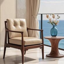 新中式黑胡桃木实木真皮沙发休闲椅高端别墅设计师款酒店单人