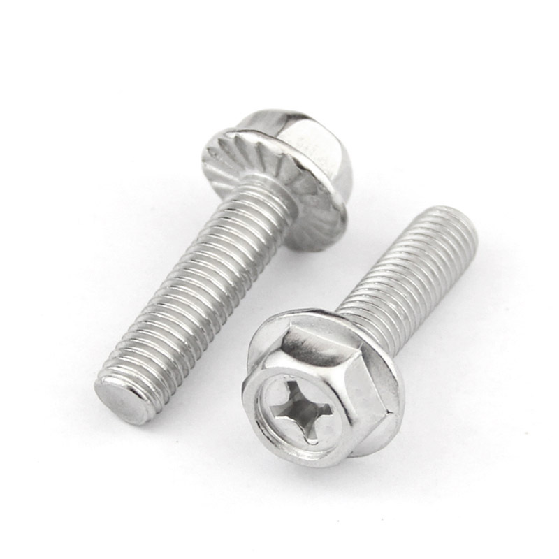 304十字凹六角法兰螺丝 外六角华司带齿十字防松防滑螺钉M4M5M6M8