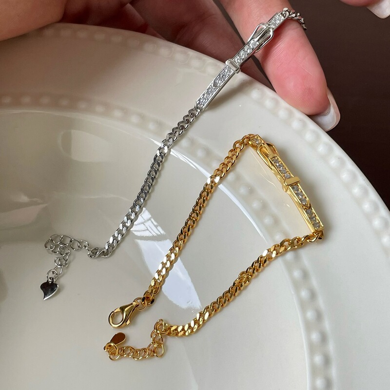 S925 Sterling Silver Belt Bracelet with Cuban Chain and Full Diamond Inlay, Fashionable and Versatile, Niche Design with a High-End Feel S925 Sterling Silver Belt Bracelet with Cuban Chain and Full Diamond Inlay, Fashionable and Versatile, Niche Design with a High-End Feel