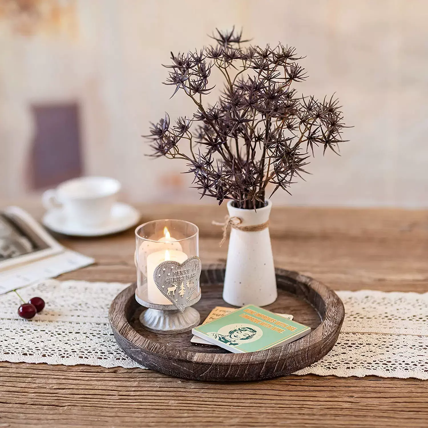 斜边实木复古碳烧色白色原木收纳盘圆形木质蜡烛台家用装饰性托盘