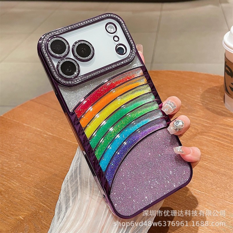适用iPhone17promax立体流沙彩虹手机壳苹果16闪钻电镀全包保护套|undefined