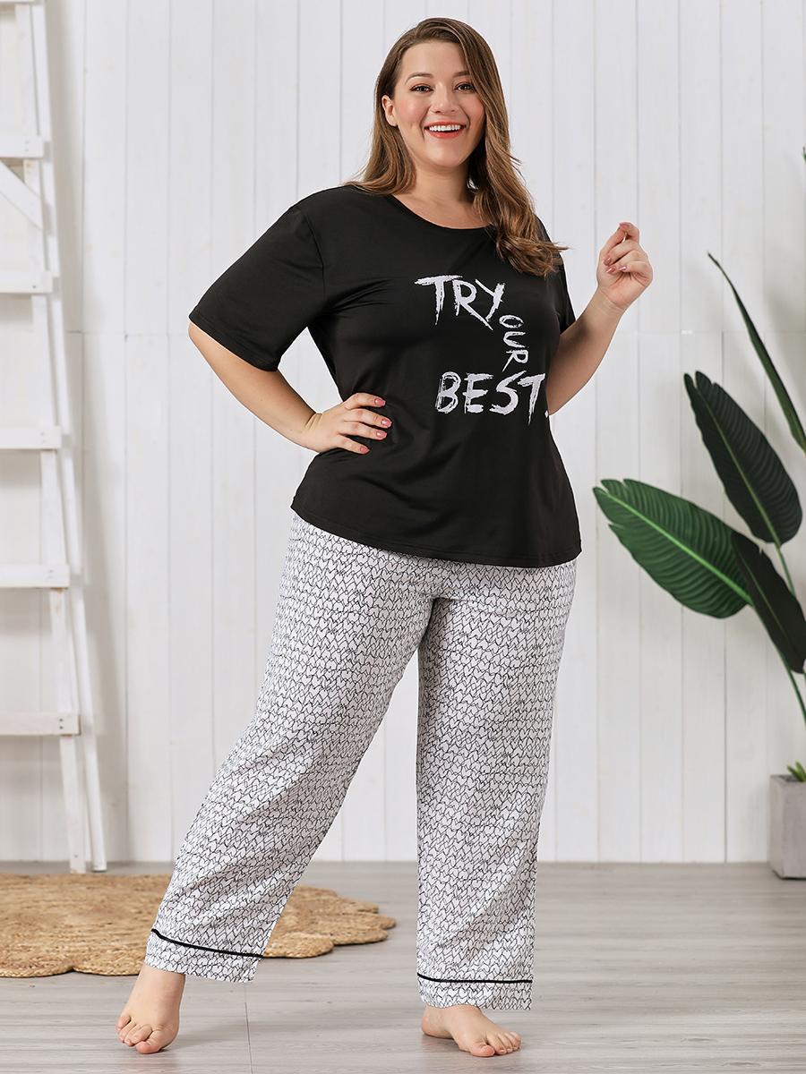 plus size print short sleeve loose round neck two-piece Loungewear-Can be worn outside NSWFC130407