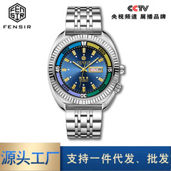 芬仕外貿批發科技感手錶男款蝴蝶扣實心鋼帶雙日曆大錶盤一件代發