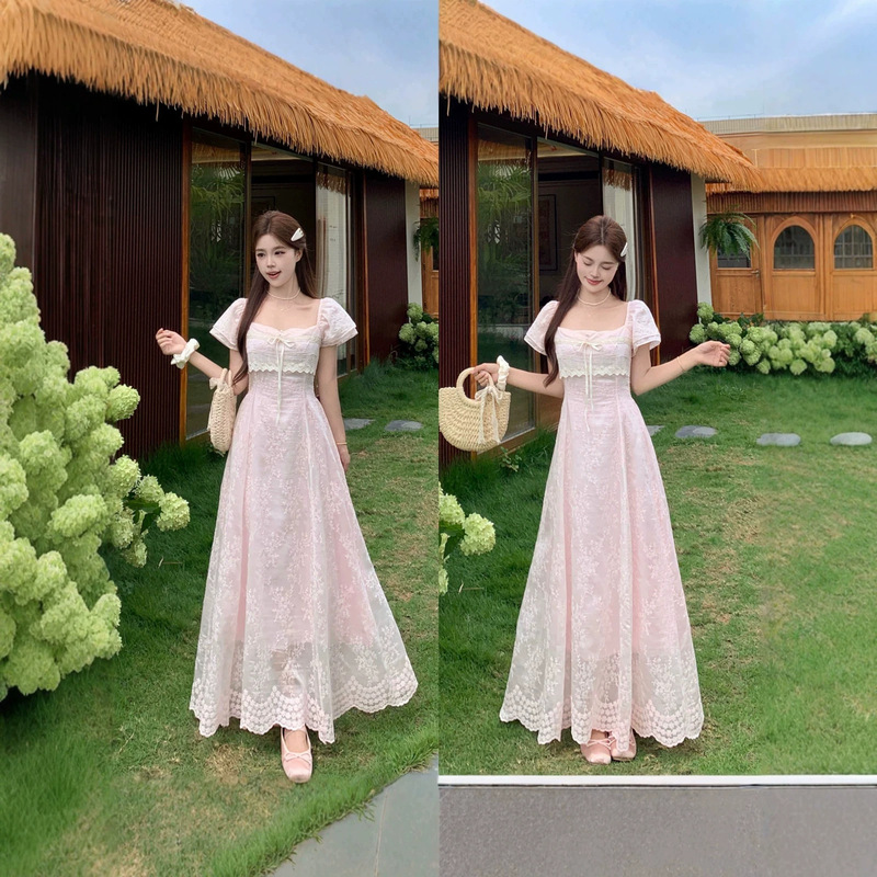 2026 Misty Pink Tea Party Summer Girl's Style Lace Patchwork Embroidered Long Dress A-line Waist-Cinching Elegant Dress 2026 Misty Pink Tea Party Summer Girl's Style Lace Patchwork Embroidered Long Dress A-line Waist-Cinching Elegant Dress