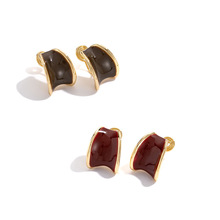 美拉德咖色金属弧形耳针气质港风酒红色耳环2025年新款无耳洞耳夹