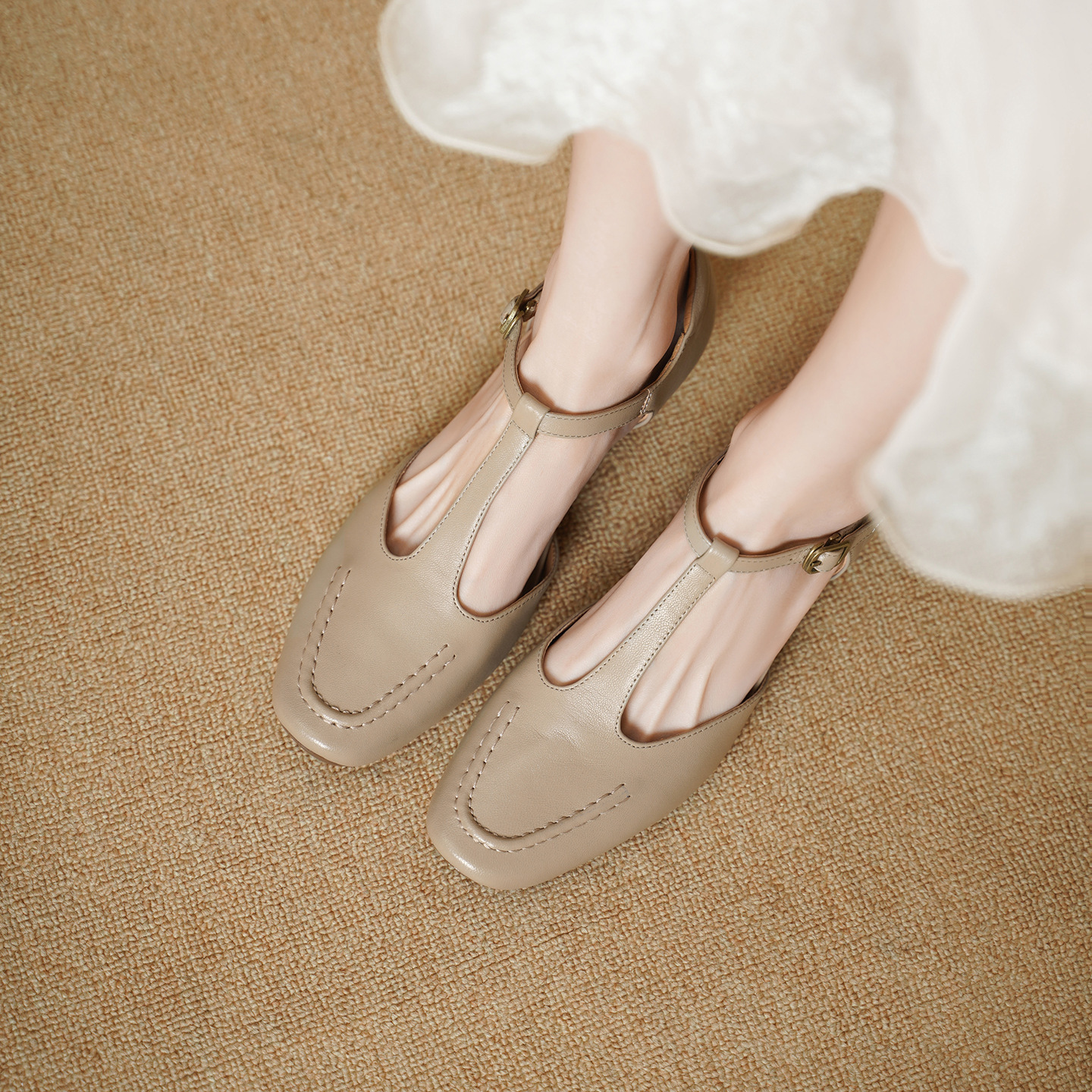 Sandal nữ cao gót mũi nhọn quai chữ T da cừu, gót 5 cm — đen