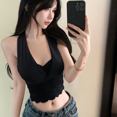 2025挂脖蕾丝吊带背心女夏季泰式辣妹v领露背抹胸上衣裹胸外穿