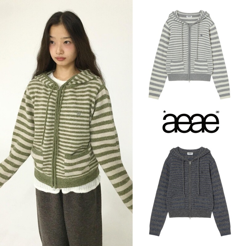 2025 Autumn Aeae Korean Niche Trendy Brand Casual Style Color-Blocked Stripesd Short Hooded Knitted Sweater Jacket for Women