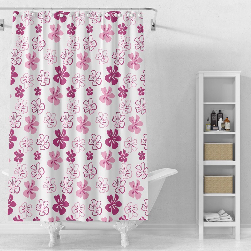 Light Pink Flower Shower Curtain Decorative Printed Bathroom Shower Curtain Set Heavy Duty Waterproof Peva Free Hook Waterproof Door Curtain