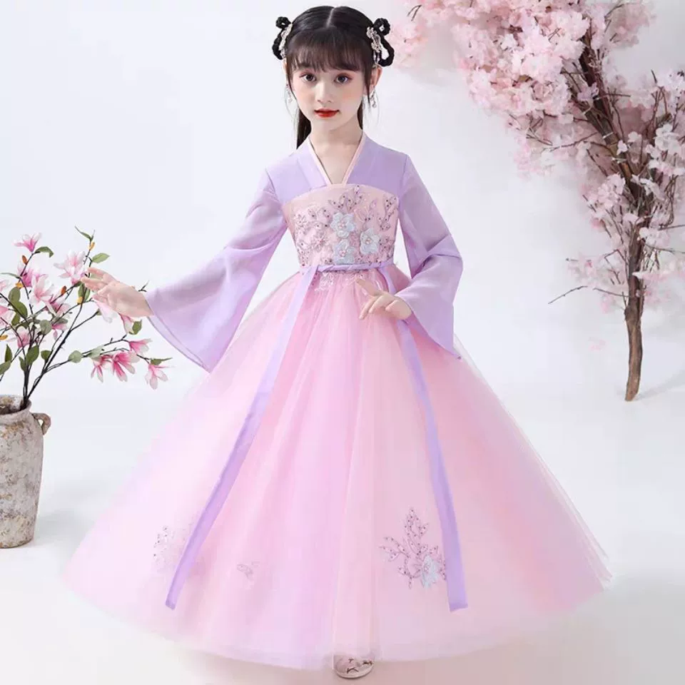 Летнее платье ханьфу для девочек, юбка до груди, детское Старинное платье, сказочное платье, винтажное платье принцессы в китайском стиле