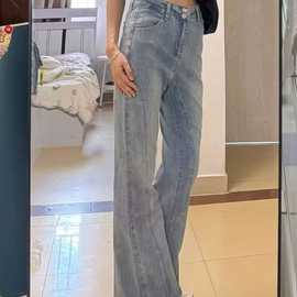 大码复古高街破洞窄版牛仔裤女夏季2025新款磨破线条设计感阔腿裤
