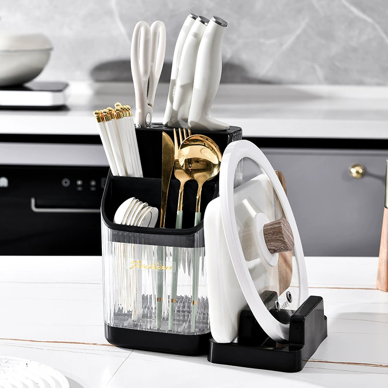 Multifunctional kitchen organizer, integrated cutting board & utensil storage, compact countertop