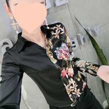 雪纺衬衫女长袖年秋季新款气质缎面拼接印花上衣洋气小衫