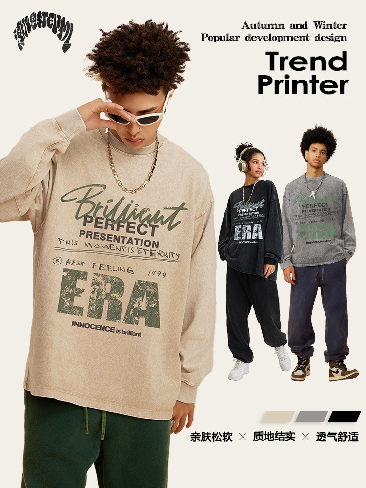 2025 primavera marca de moda americana hace la vieja lavado alta sensación pequeña letra de cuello impresión suelta camiseta de manga larga de moda masculina
