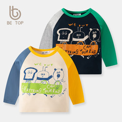 Cross-border children's clothing long-sleeved T-shirt pure cotton spring and autumn color block trendy cartoon Korean style stylish base shirt wholesale one-piece dropshipping