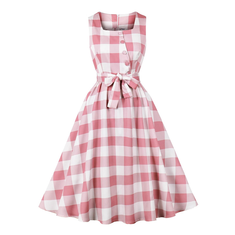 Cross-border European and American Retro Pink Plaid Strap Waist Elegant Mid-length Dress Elegant Cocktail Dress Women's dress