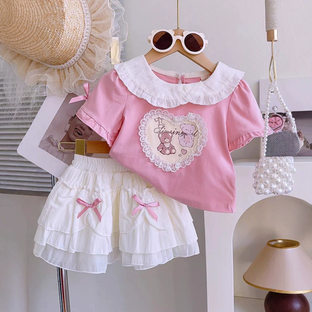 25006 Girls 2025 Spring and Summer New Children's Wear Cartoon Cute Printed Short-sleeved Top Skirt Two-piece Set