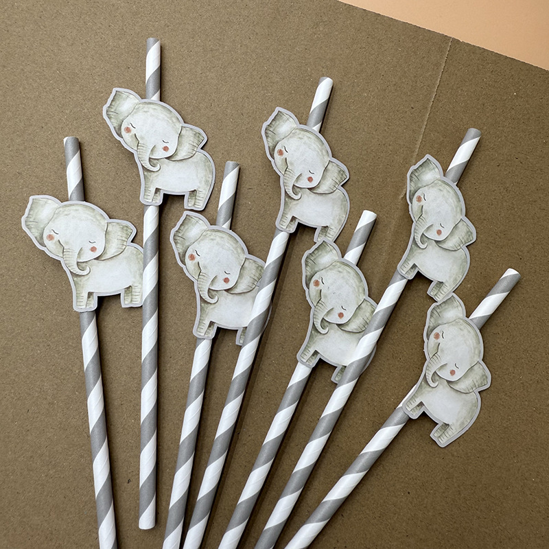 Animal transfronterizo elefante tarjeta de papel paja desechable degradable postre cóctel fiesta paja decoración
