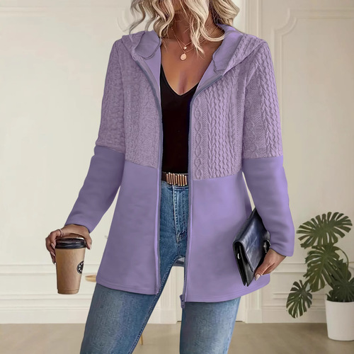 Women's Pure Color Wavy Patchwork Casual Loose Hooded Jacket for Autumn and Winter 2025