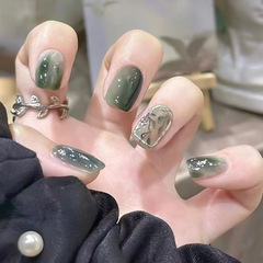 绿色层次晕染树叶清冷氛围感假指甲贴片可拆卸穿戴甲24片