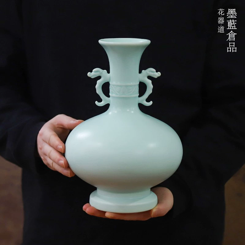 Цзиндэчжэнь керамика гостиная Китайский дзен Ретро двухушная ваза Селадон антикварная полка кабинет Входное украшение