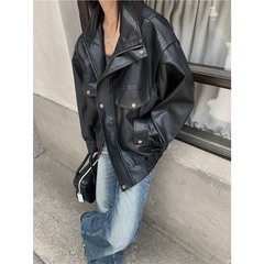 春秋季百搭机车服皮衣外套男女ins宽松落肩无性别设计感夹克外套