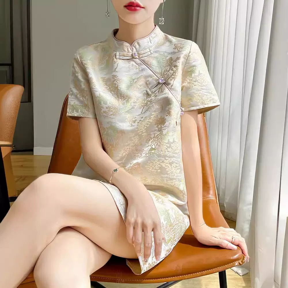 新中式国风提花改良旗袍裙女2024夏季精美高端气质盘扣短袖连衣裙