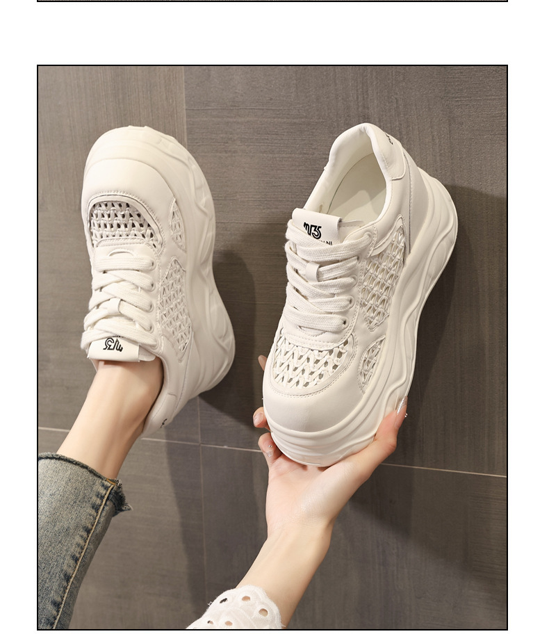 Giày sneaker nữ đế dày tăng chiều cao, thiết kế rỗng thoáng khí, phối trắng cơ bản — màu đen chi tiết 12