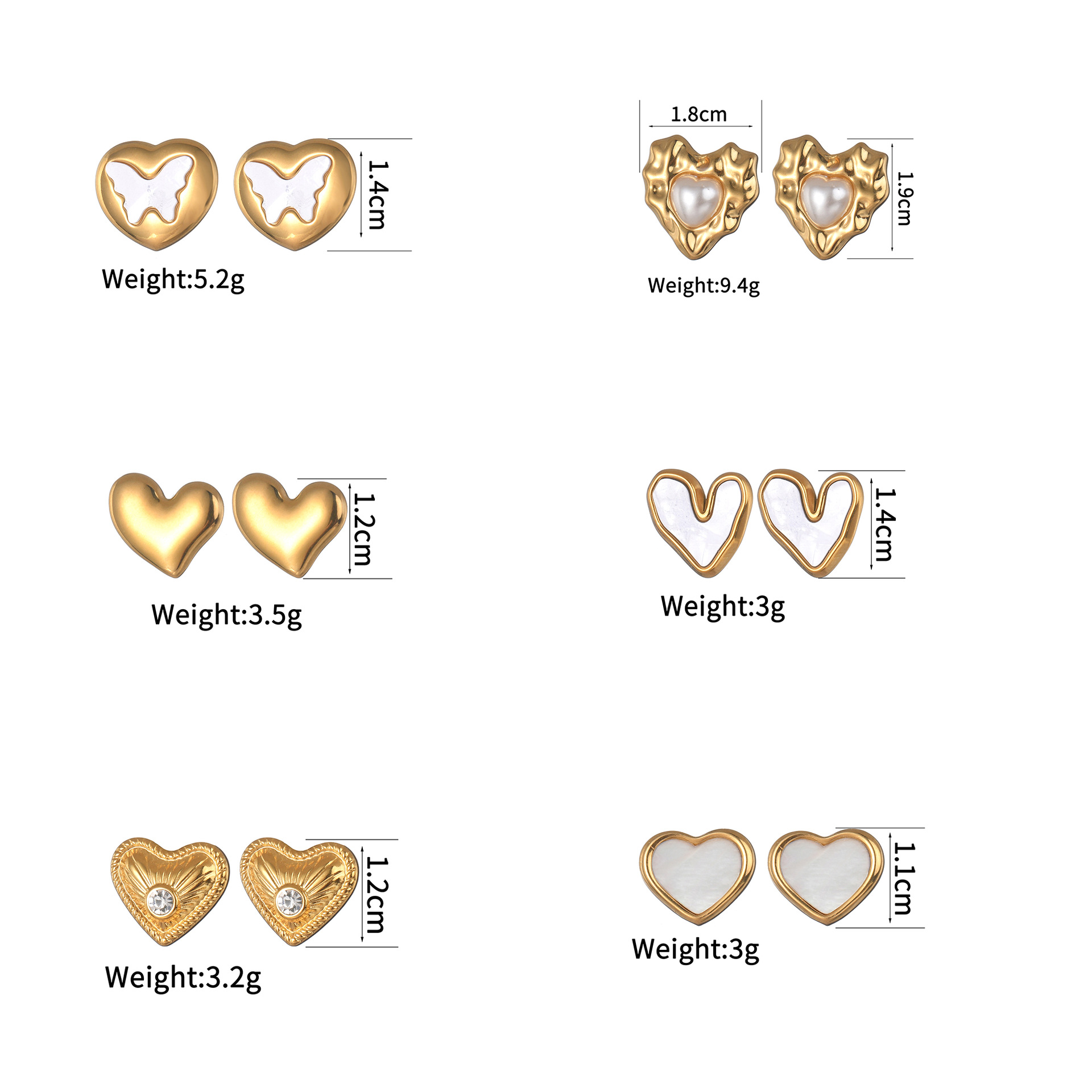 6g Weight PVD Coated Gold Plating Process 1 Pair Simple Style Heart Shape Inlay 304 Stainless Steel Pearl Ear Studs