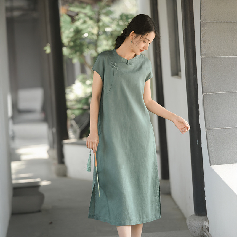 Lu Yu An Di's new summer Tencel linen short-sleeve dress, high-end new Chinese-style long dress, vintage cheongsam dress Lu Yu An Di's new summer Tencel linen short-sleeve dress, high-end new Chinese-style long dress, vintage cheongsam dress
