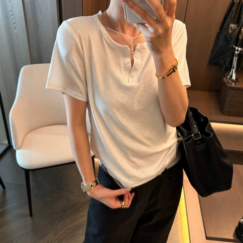 Mesh Patchwork Slim-Fit T-Shirt with Scoop Neck, Short Sleeves, and Dropped Shoulders for Women, Summer Versatile 2026