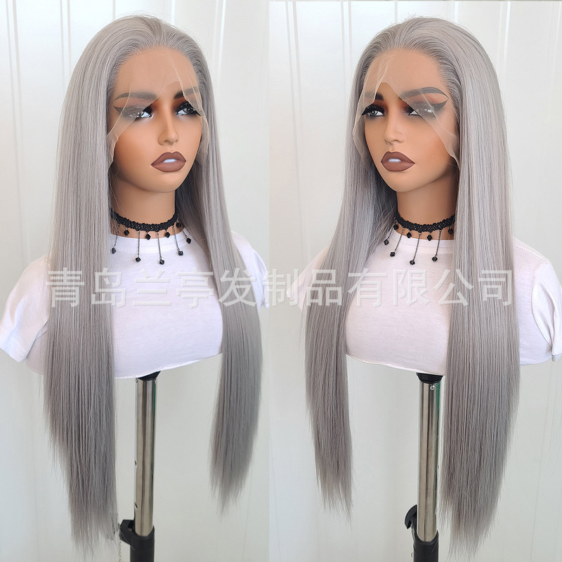 Foreign trade chemical fiber front lace wig long straight hair free gray hand hook wig hat natural hairline