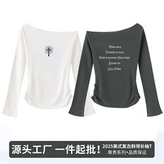 2025秋季新款长袖女斜领字母短款修身不规则小众复古辣妹百搭上衣