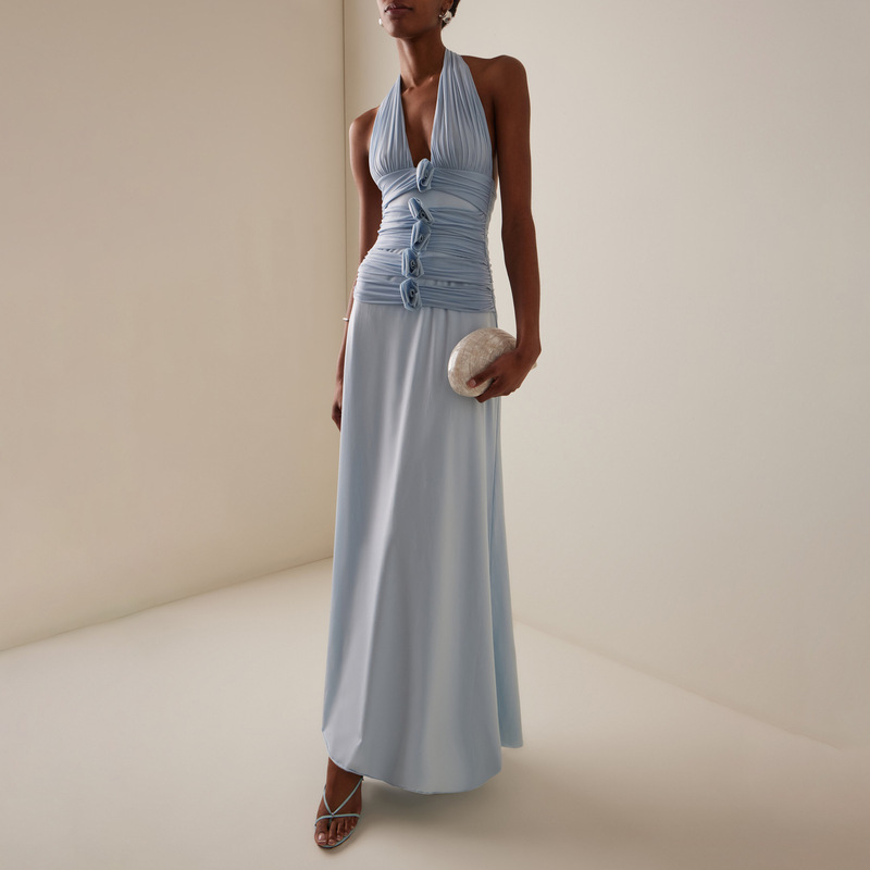 Cross-Border Evening Dress, Holiday Style Halterneck Slit Long Skirt, Deep V Large Backless Stereo Flower Blue Dress