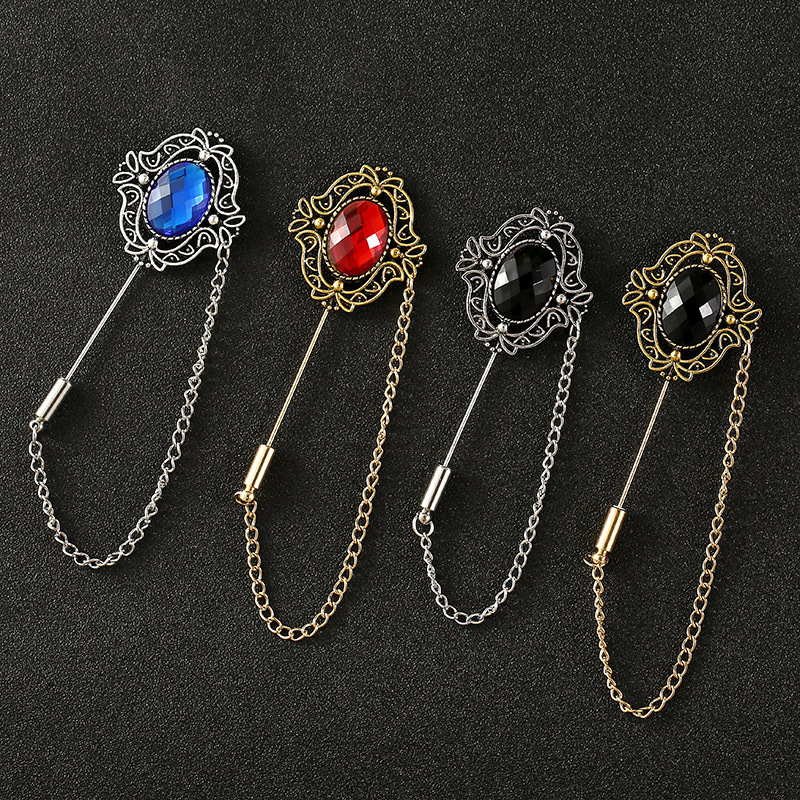 European and American fashion Men's chain retro brooch men's small suit insert brooch fashion black insert long gem long pin