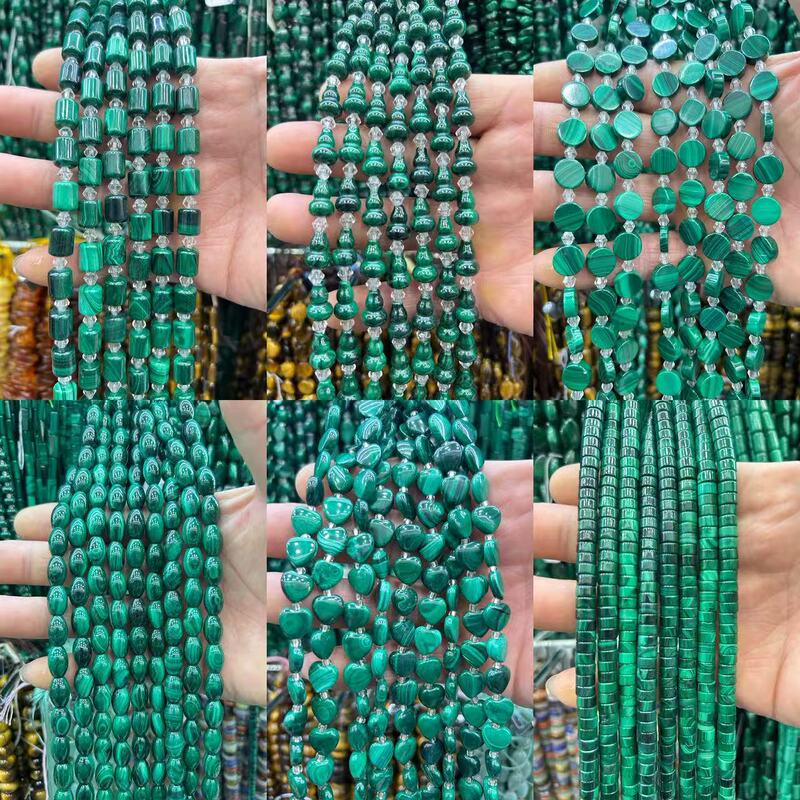 A Variety of Natural Malachite Miscellaneous Pieces, Round Tubes, Peach Hearts, Water Drops, Barrel Beads, Semi-Finished DIY Jewelry Accessories with Beads