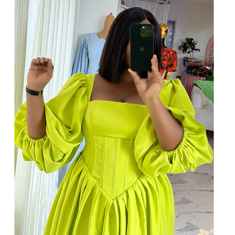 Women Clothing Autumn Sweet Fresh Square Collar Lantern Sleeve High Waist Slimming A line Dress