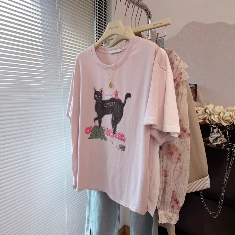 Cute cat white short-sleeve t-shirt for women, summer 2026 new American style loose-fit pure cotton half-sleeve top