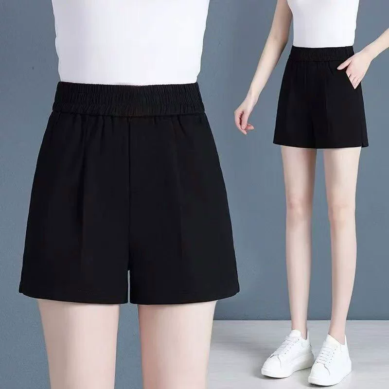 Шорты большого размера женские летние тонкие свободные прямые повседневные широкие ноги с высокой талией