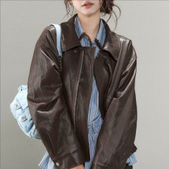 小野莓美式棕色高级感皮衣外套女2025秋季新款设计感短款夹克