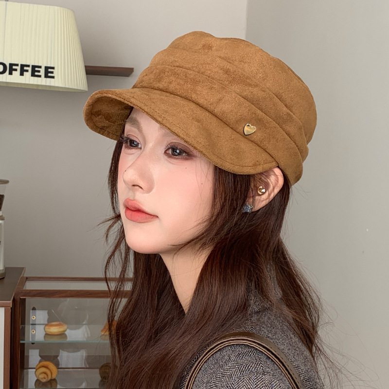 爱心标褶皱麂皮绒鸭舌贝雷帽子女冬季文艺复古马术帽显脸小报童帽|undefined