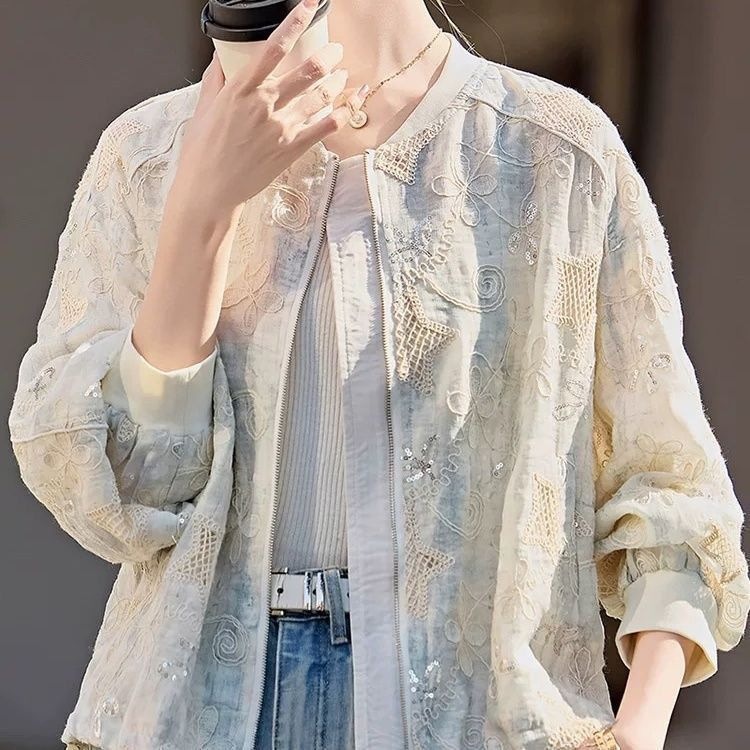 刺绣棒球小个子外套女夏季薄款2026年新款镂空短款时尚减龄防晒衣
