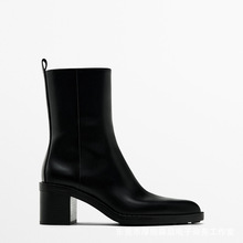 原单外贸女鞋英伦真皮尖头粗跟短靴休闲切尔西靴舒适侧拉链马丁靴