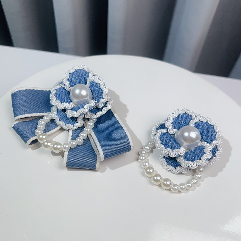 French Style Camellia Brooch With Pearl And Blue Bow For Women_voghion.com