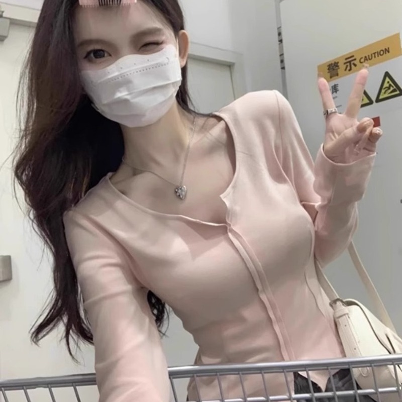 Pure Desire Split Design Sense Pink Long-sleeved T-shirt Women's Autumn and Winter New Slim-fit Interior Fleece Short Base Shirt