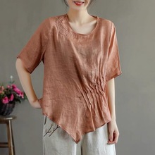 棉麻短袖T恤女新款复古文艺宽松刺绣不规则收腰显瘦时尚半袖