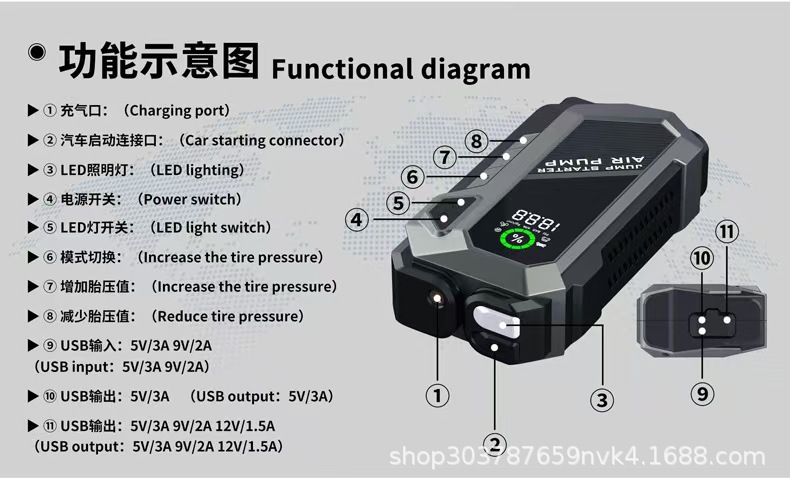 Cross-Border Large-Capacity Portable Multi-Functional 12V Car Emergency Starting Power Supply and Air Pump All-In-One Machine