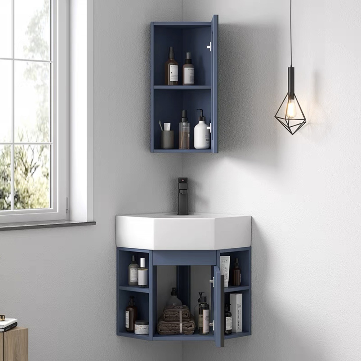 gabinete de lavabo triangular combinado tipo pequeño gabinete de baño de PVC esquina lavabo de pared esquina lavabo