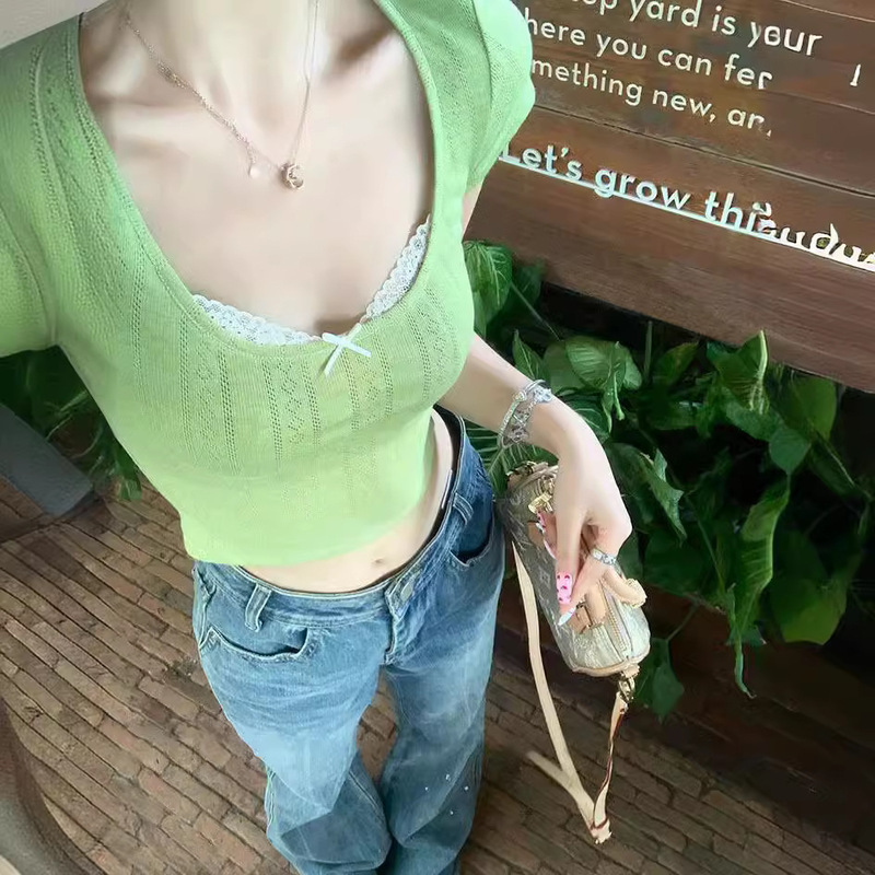 Bm Fake Two-Piece Pure Lust Style Lace Bottoming Shirt with T-Shirt for Women with Design Short-Sleeved Women's Summer Green Top